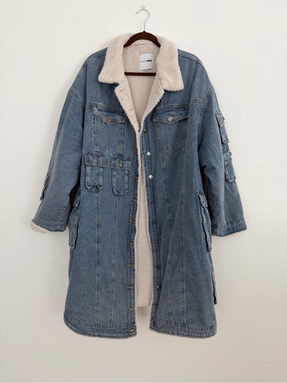 Oversized Blue Denim Sherpa-Lined Coat by